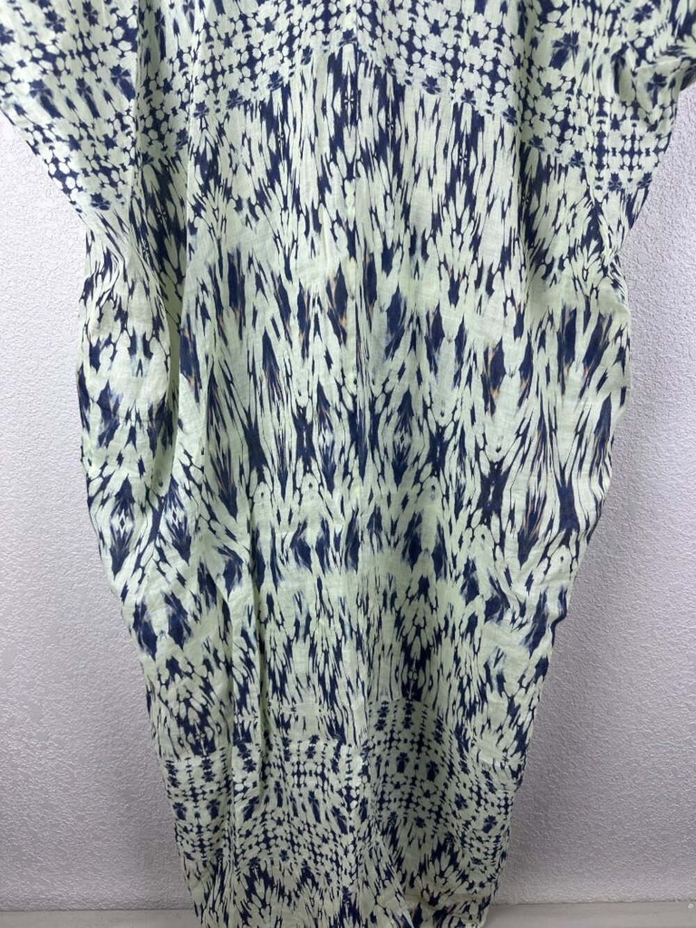 Zara 100% Ramie Abstract Print Kaftan Tunic Dress XL Blue Ivory Boho Beachy - Picture 10 of 11